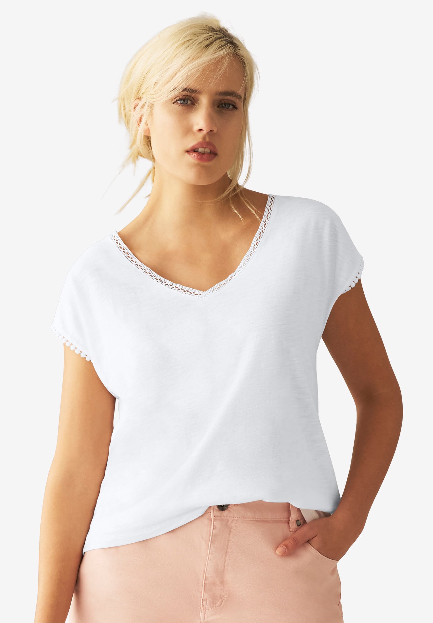 V-Neck A-Line Crochet Trim Tee image number 0