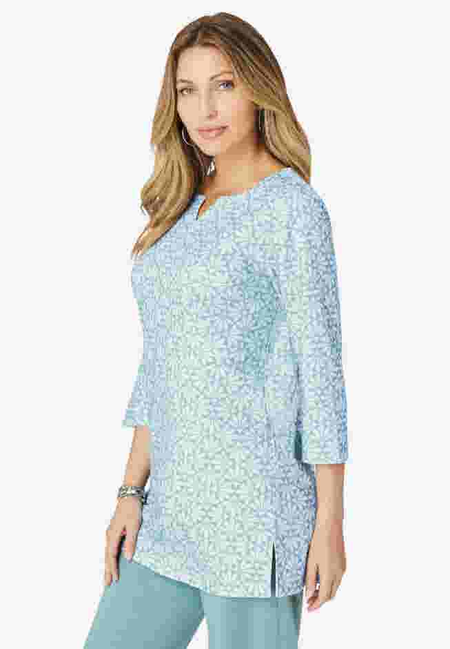 Plus Size Three-Quarter Sleeve Notch Neck Soft Knit Tunic image number 2