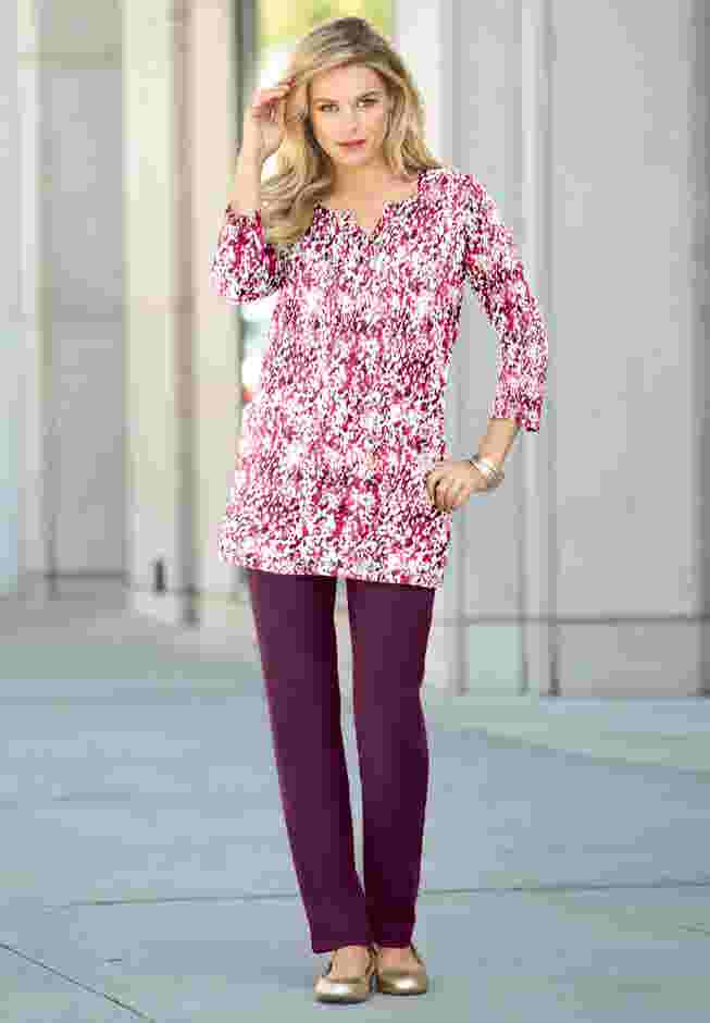 Plus Size Three-Quarter Sleeve Notch Neck Soft Knit Tunic image number 3