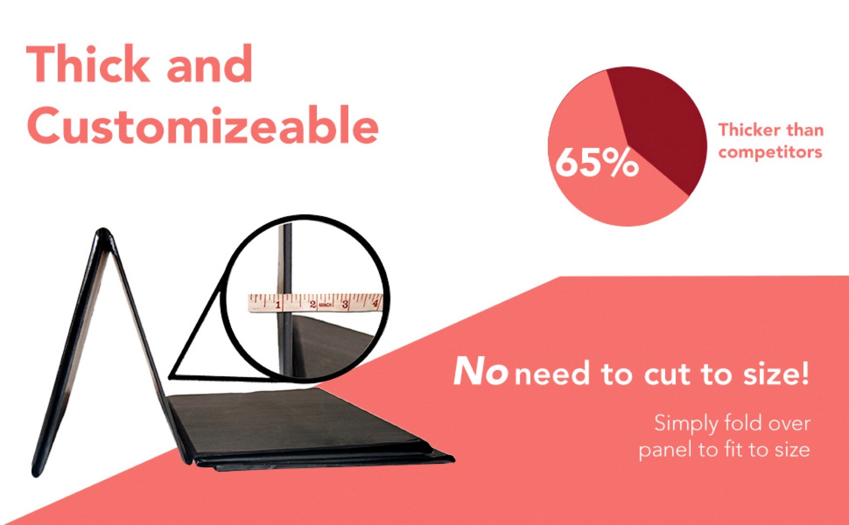 A cushion support product shown with a ruler and text highlighting its thickness and customizability.
