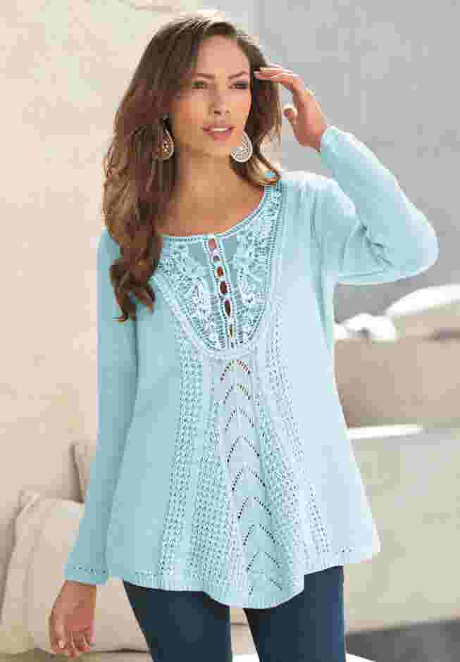 Plus Size Lace Yoke Pullover Sweater image number 4