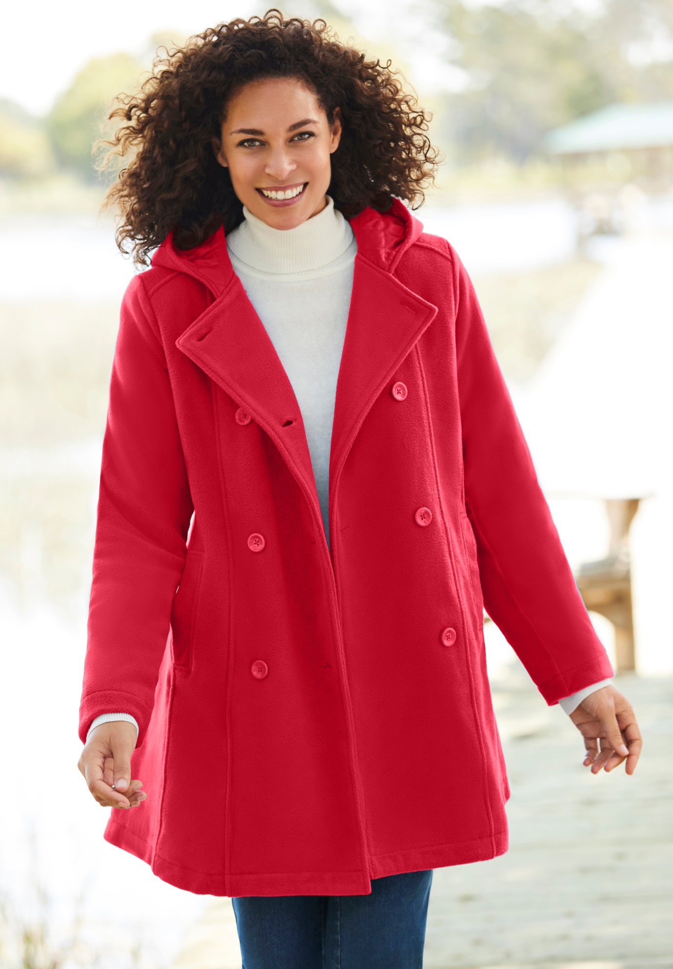 Double-Breasted Hooded Fleece Peacoat | Brylane Home