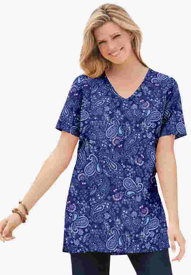 Perfect Printed Short-Sleeve Shirred V-Neck Tunic image number 0