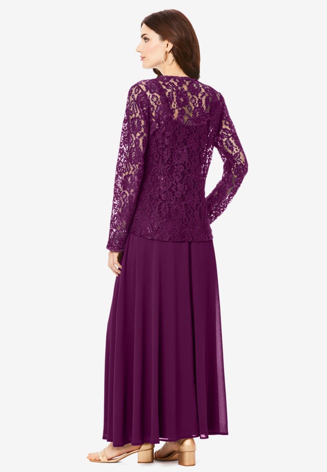 Plus-Size 2 Piece Long Sleeve Embellished Lace Jacket and Full Gown | Brylane Home Plus-Size 2 Piece Long Sleeve Embellished Lace Jacket and Full Gown | Brylane Home