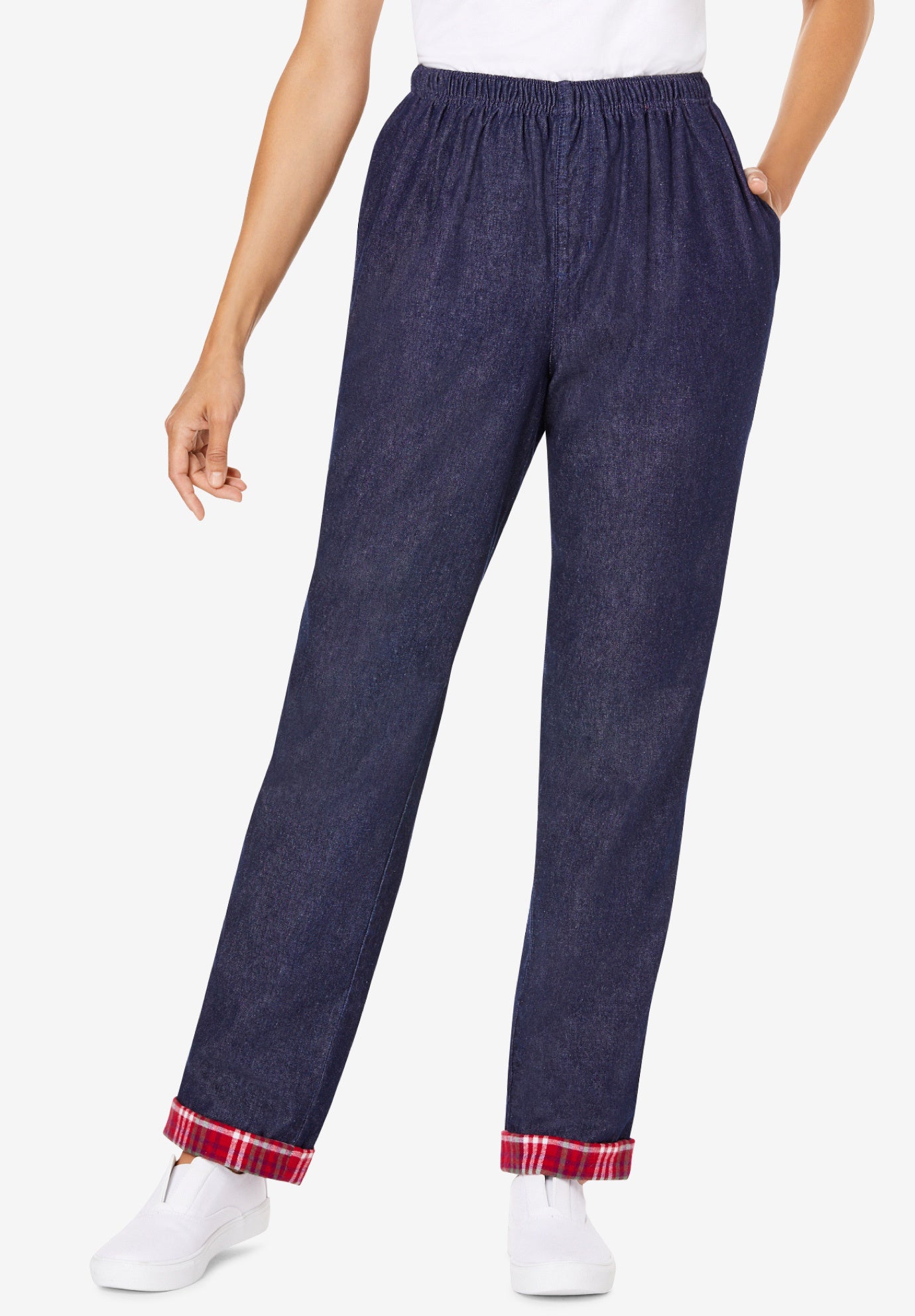 Elastic-Waist Cotton Straight Leg Denim Pant with Flannel Lining image number 0