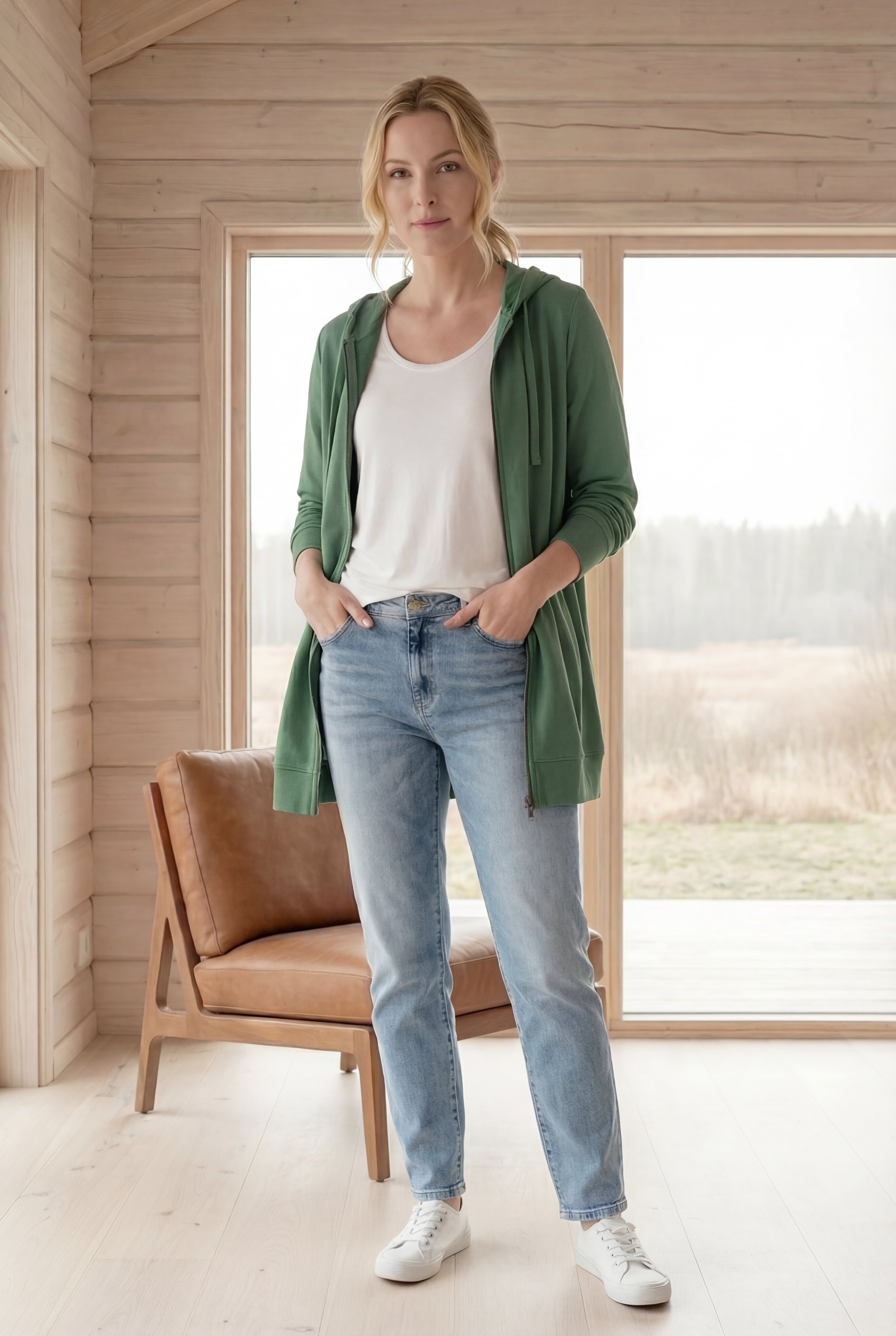 French Terry Long Sleeve Zip-Front Tunic Hoodie image number 5