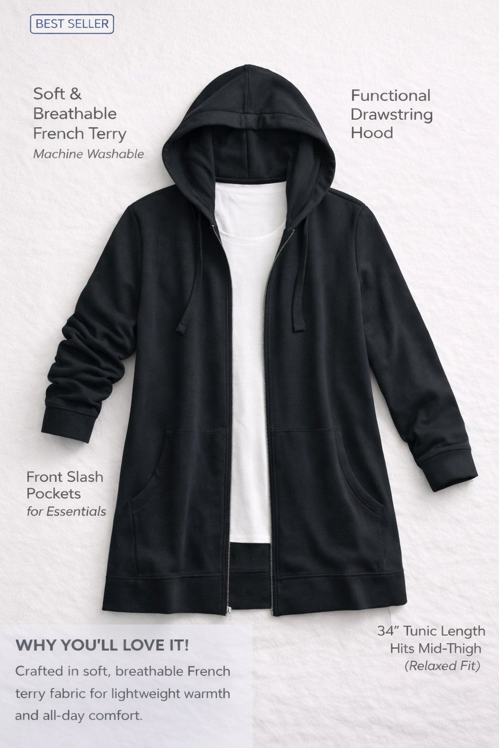 French Terry Long Sleeve Zip-Front Tunic Hoodie image number 3
