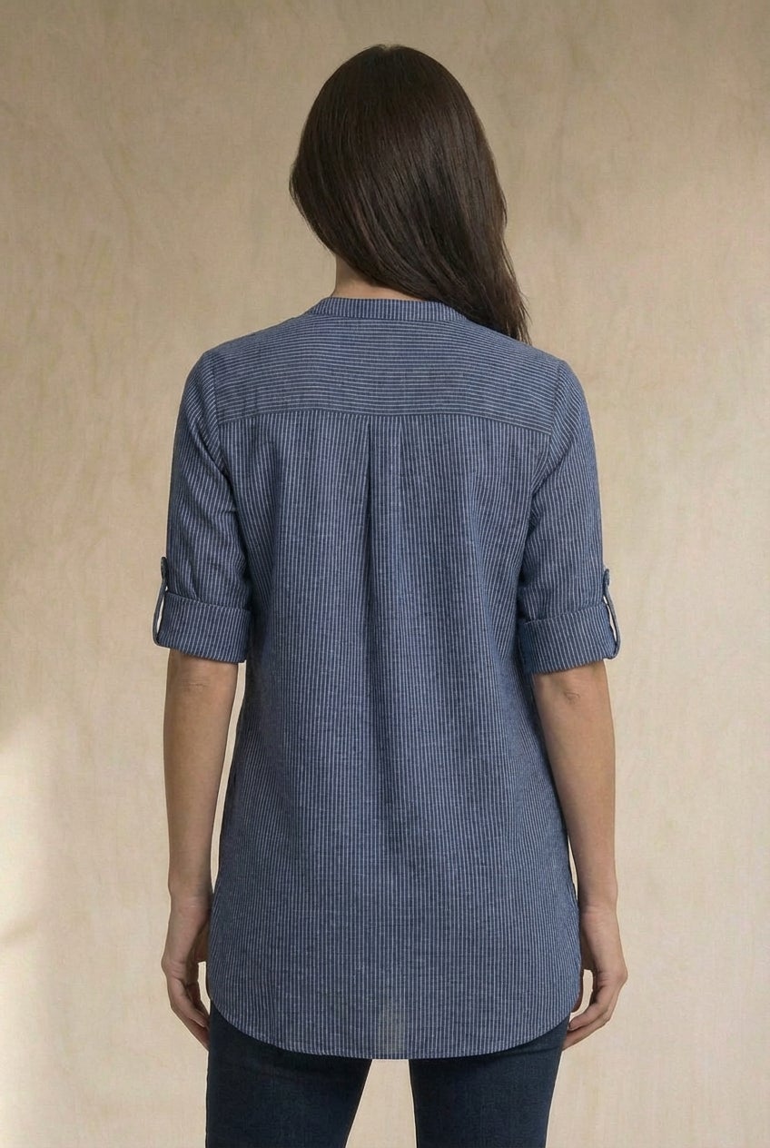 Three-Quarter Sleeve Roll Tab Relaxed Fit 100% Cotton Henley Tunic image number 3