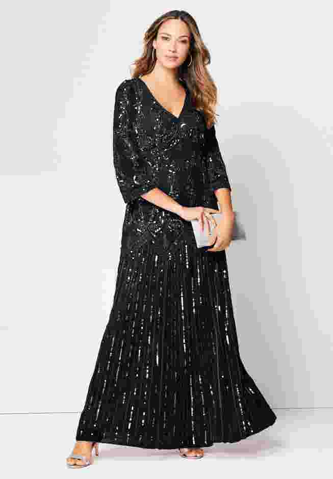 Plus Size Beaded V-Neck 3/4 Sleeve Sleeve Maxi Gown image number 0