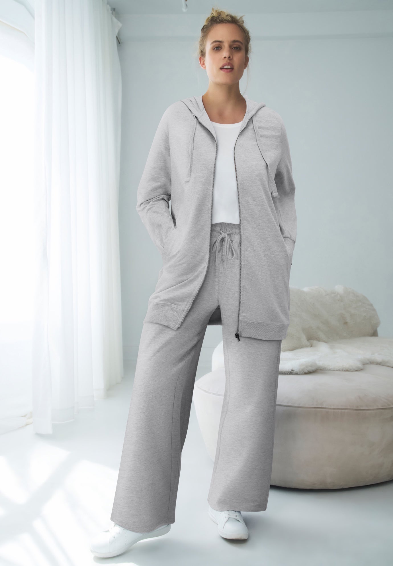 French Terry Wide Leg Sweatpants With Drawstring Elastic Waistband image number 0