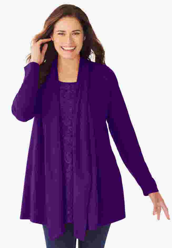 2-Fer Cardigan & Attached Lace Tunic image number 0