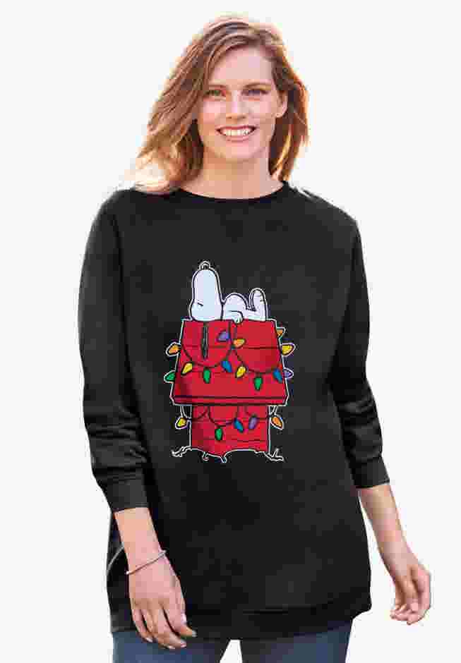 Peanuts Women's Crewneck Sweatshirt Black XMAS Snoopy image number 0