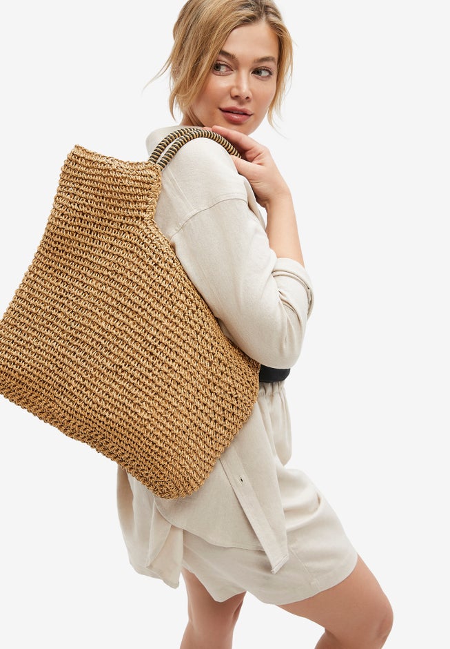 Zip-Top Straw Bag with Double Handle image number 0