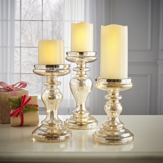 Pre-Lit Mercury Glass Candleholders, Set of 3 image number 0