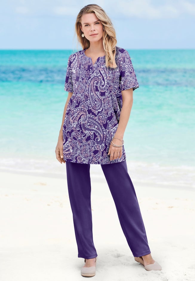 Plus Size Soft Knit Print Tunic with Notch Neckline image number 0