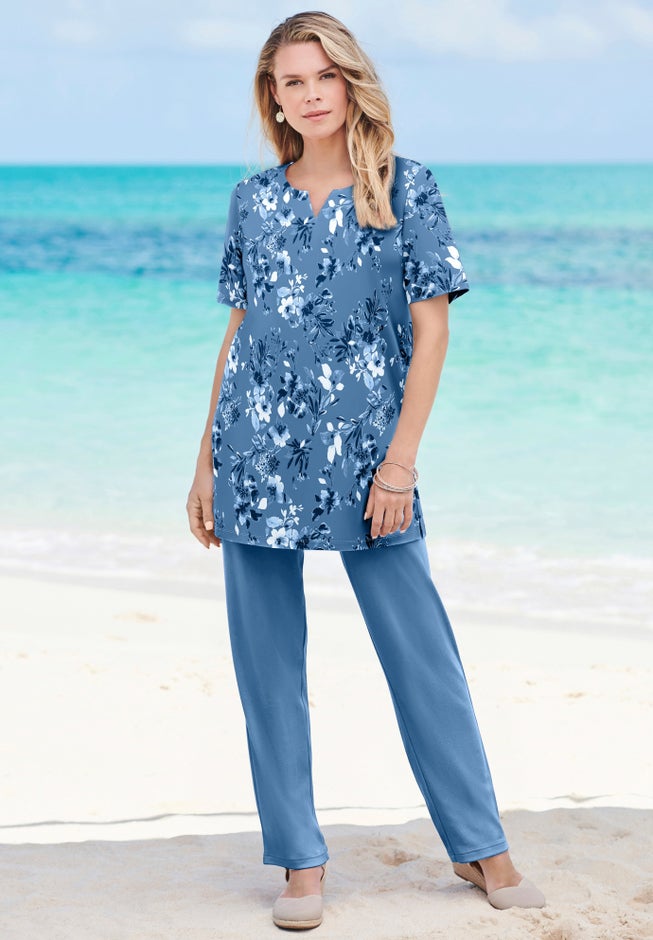 Plus Size Soft Knit Print Tunic with Notch Neckline image number 1