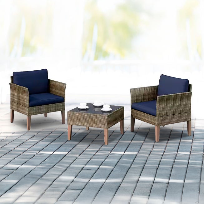 3-Piece Wicker Patio Conversation Set with Blue Cushions image number 0