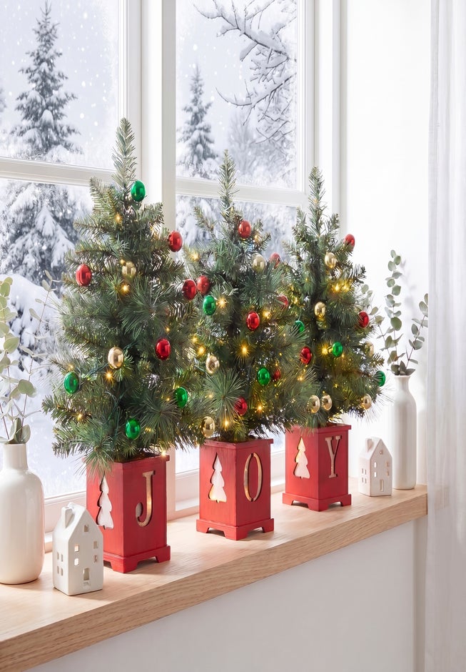 Pre-lit "JOY" Wooden Urn Tree Set, Set of 3 image number 1