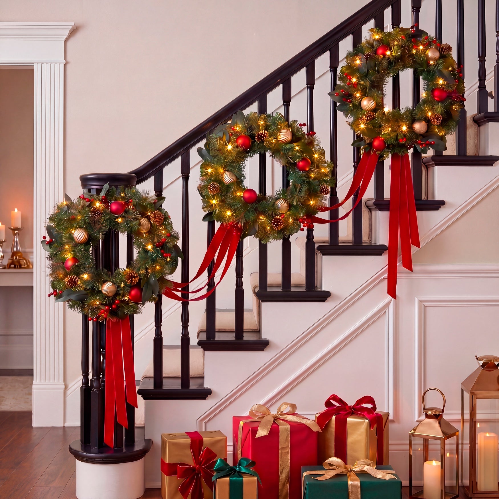Hanging 20" Pre-lit Mixed Pine Wreath, Set of 3 image number 7