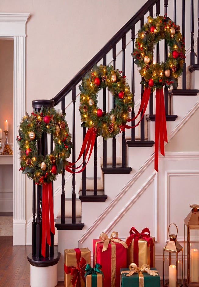 Hanging 20" Pre-lit Mixed Pine Wreath, Set of 3 image number 7