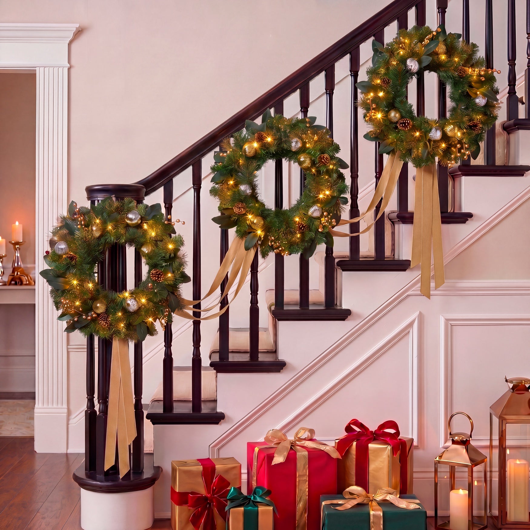 Hanging 20" Pre-lit Mixed Pine Wreath, Set of 3 image number 0