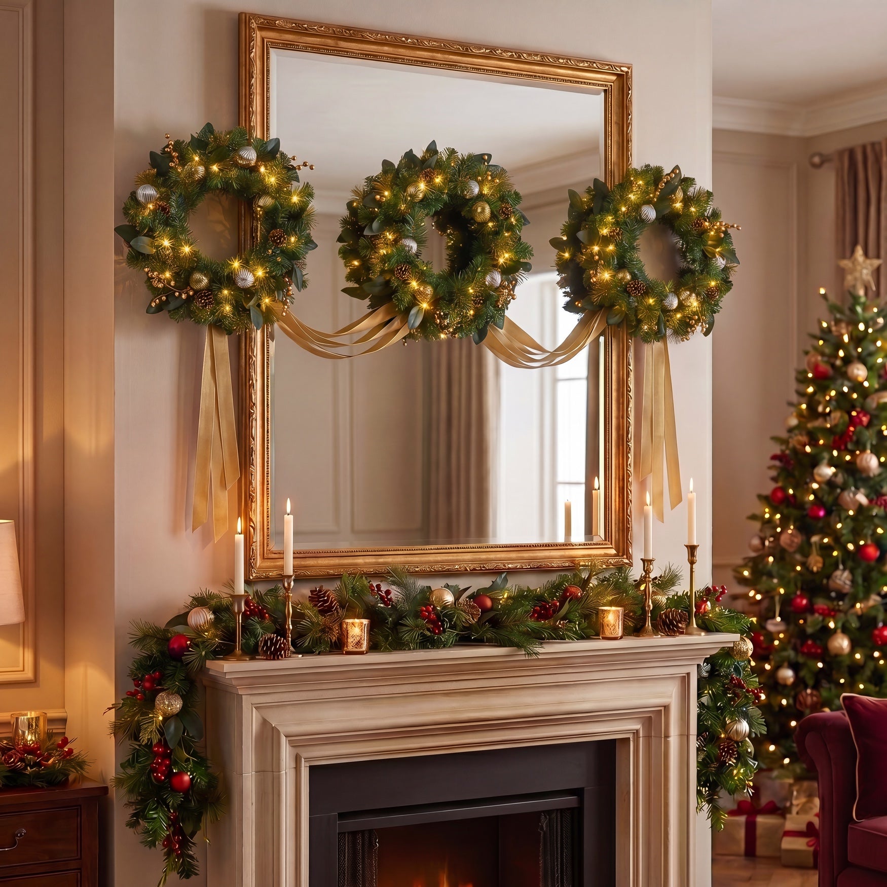 Hanging 20" Pre-lit Mixed Pine Wreath, Set of 3 image number 1