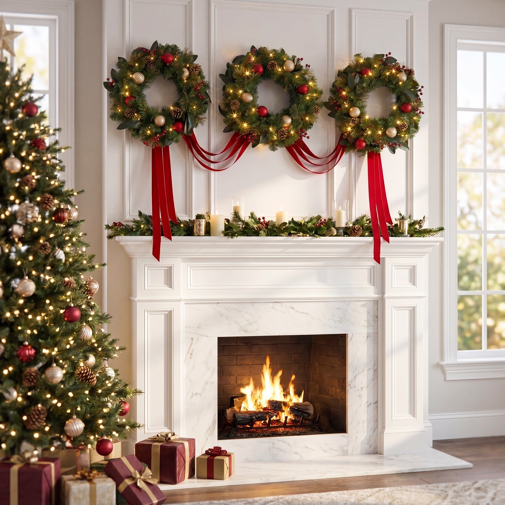 Hanging 20" Pre-lit Mixed Pine Wreath, Set of 3 image number 5