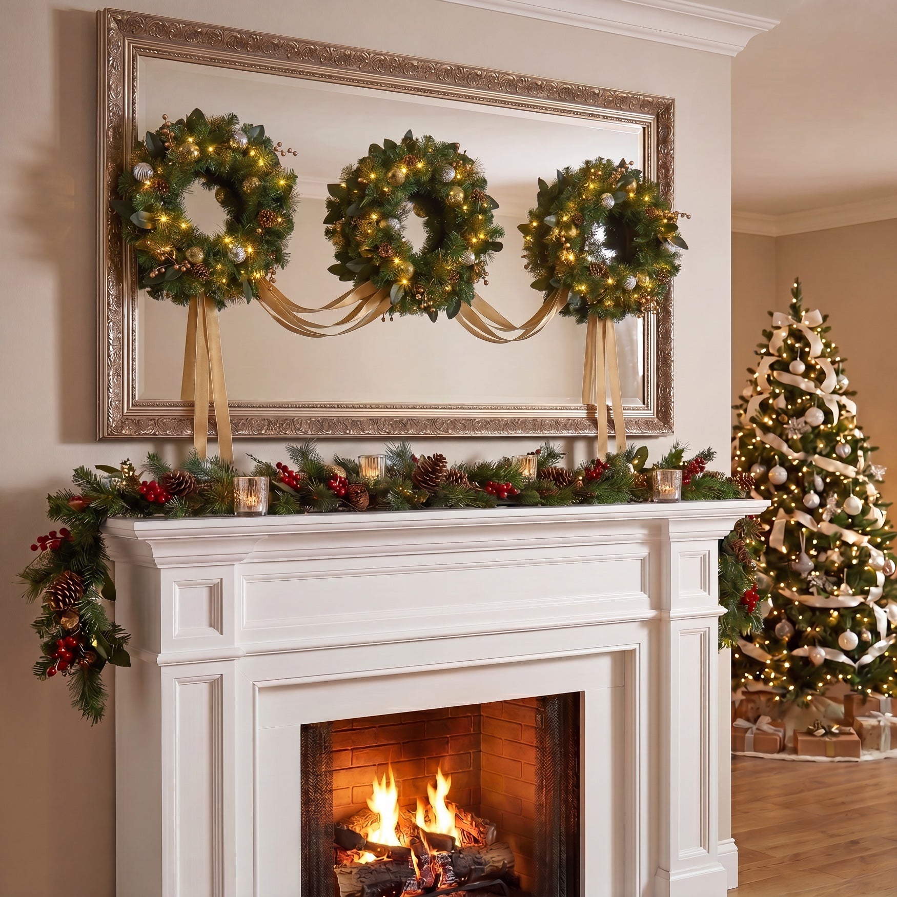 Hanging 20" Pre-lit Mixed Pine Wreath, Set of 3 image number 9