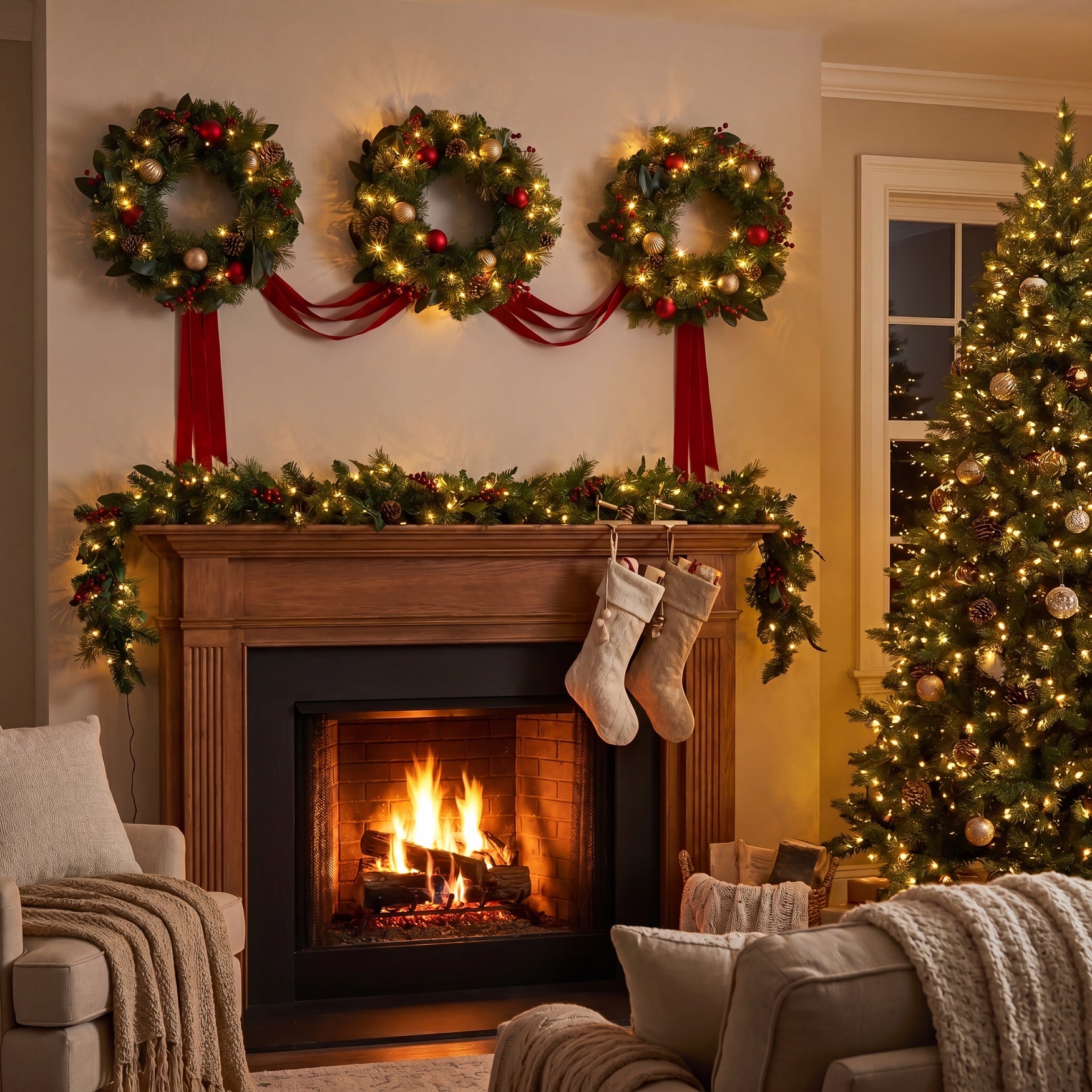 Hanging 20" Pre-lit Mixed Pine Wreath, Set of 3 image number 10
