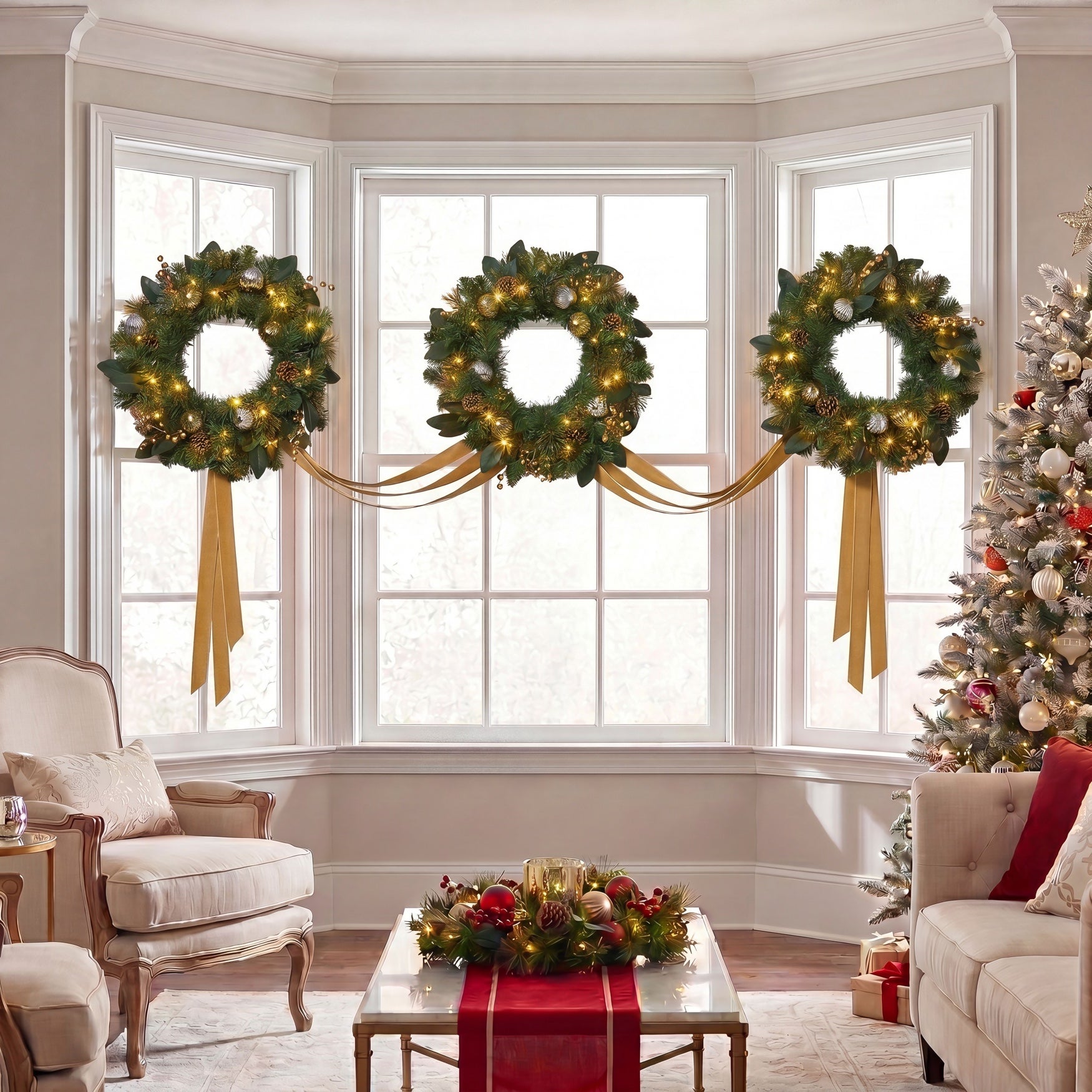 Hanging 20" Pre-lit Mixed Pine Wreath, Set of 3 image number 2