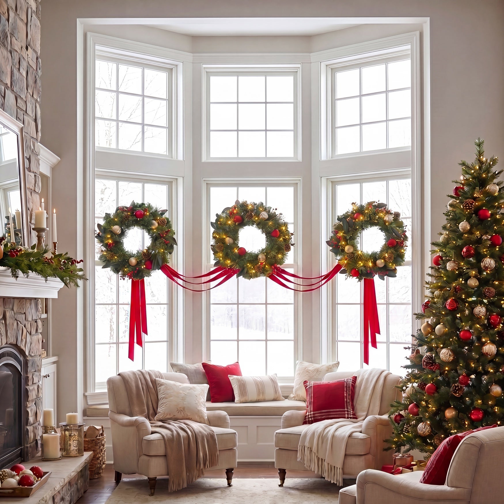 Hanging 20" Pre-lit Mixed Pine Wreath, Set of 3 image number 12