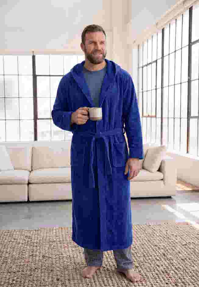 Affordable Terry Velour Hooded Maxi Robe, Midnight Navy | Brylane Home