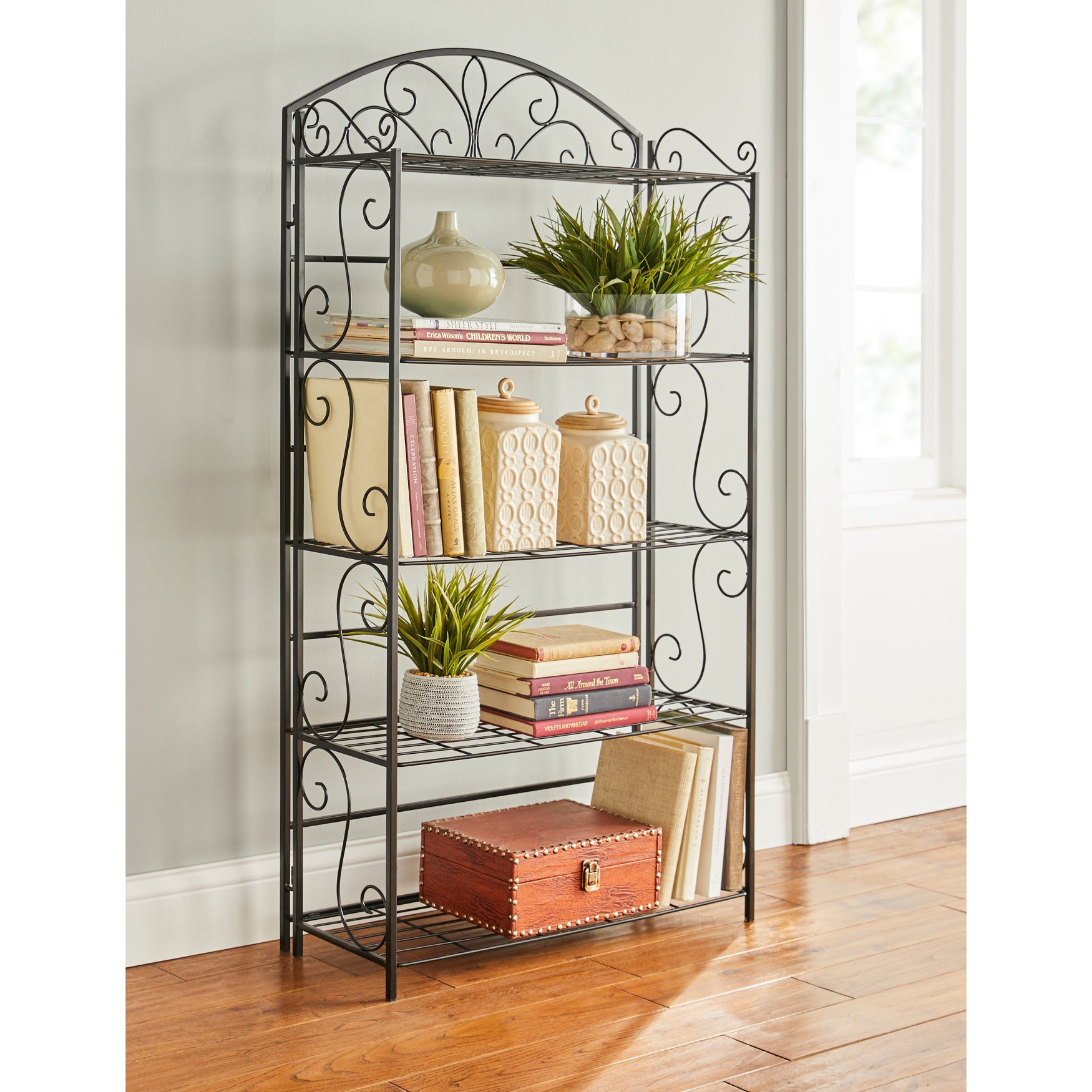 Simple 5Tier Metal Scroll Folding Bookcase, Black Brylane Home