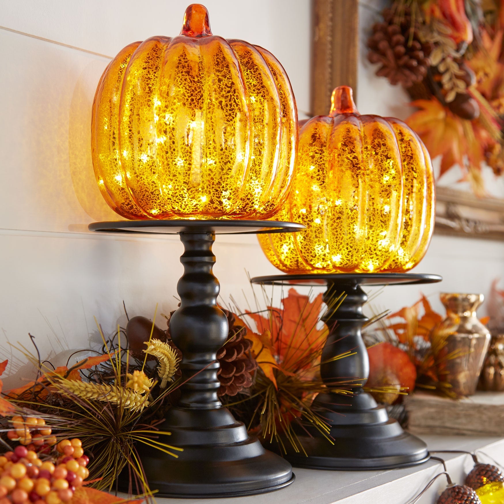 14 Pre Lit Glass Pumpkin On Metal Stand Decor Brylane Home