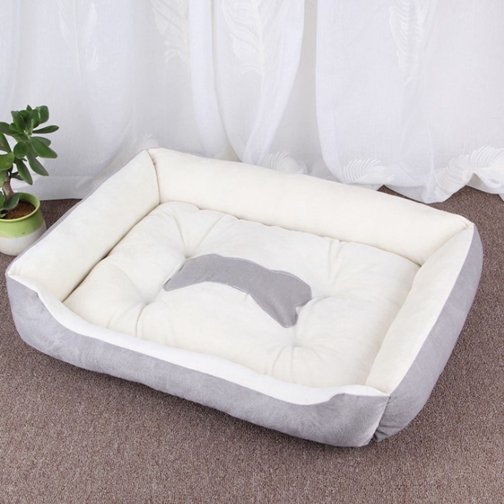Dog Bed (White and Gray) With Gray Bone Silhouette, 