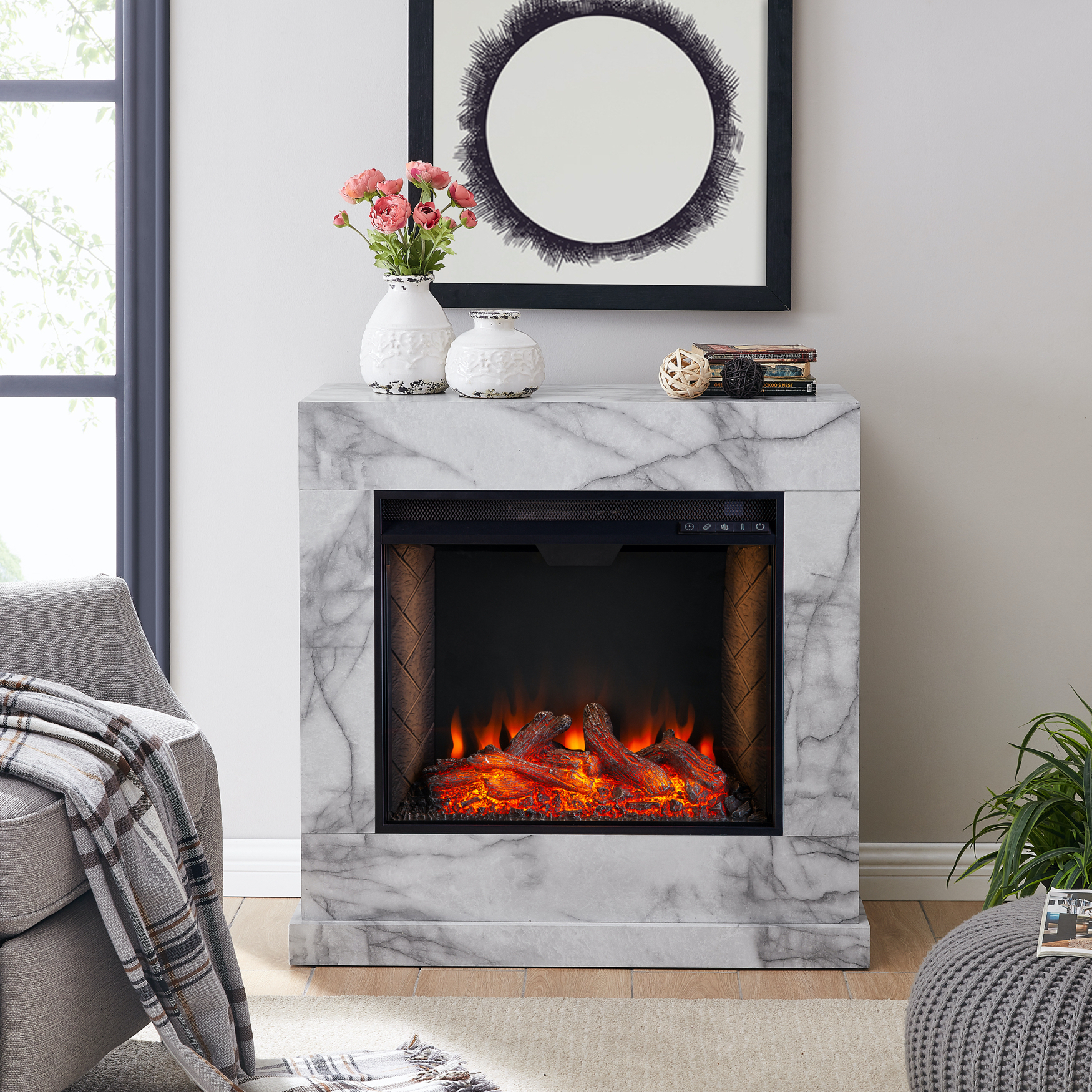 Dendale Faux Marble Fireplace w/ Alexa Firebox, WHITE