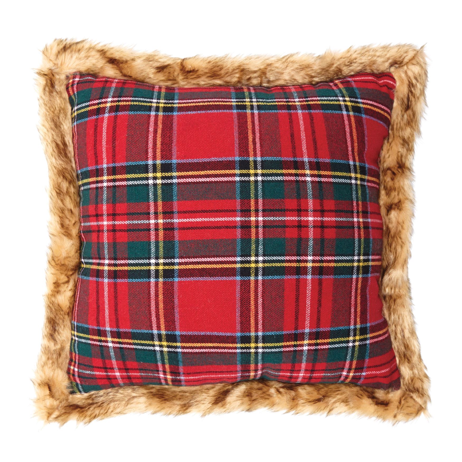 Plaid Faux Fur Trim Decorative Pillow Christmas Brylane Home