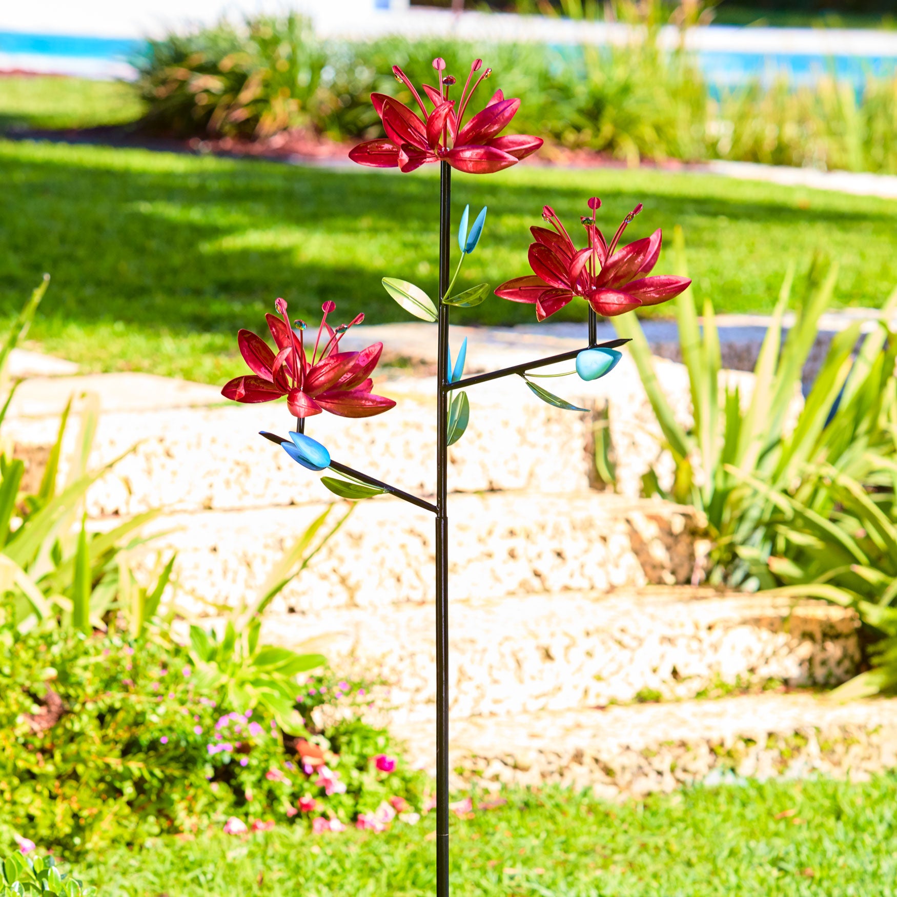 Triple Flower Wind Spinner Outdoor Brylane Home