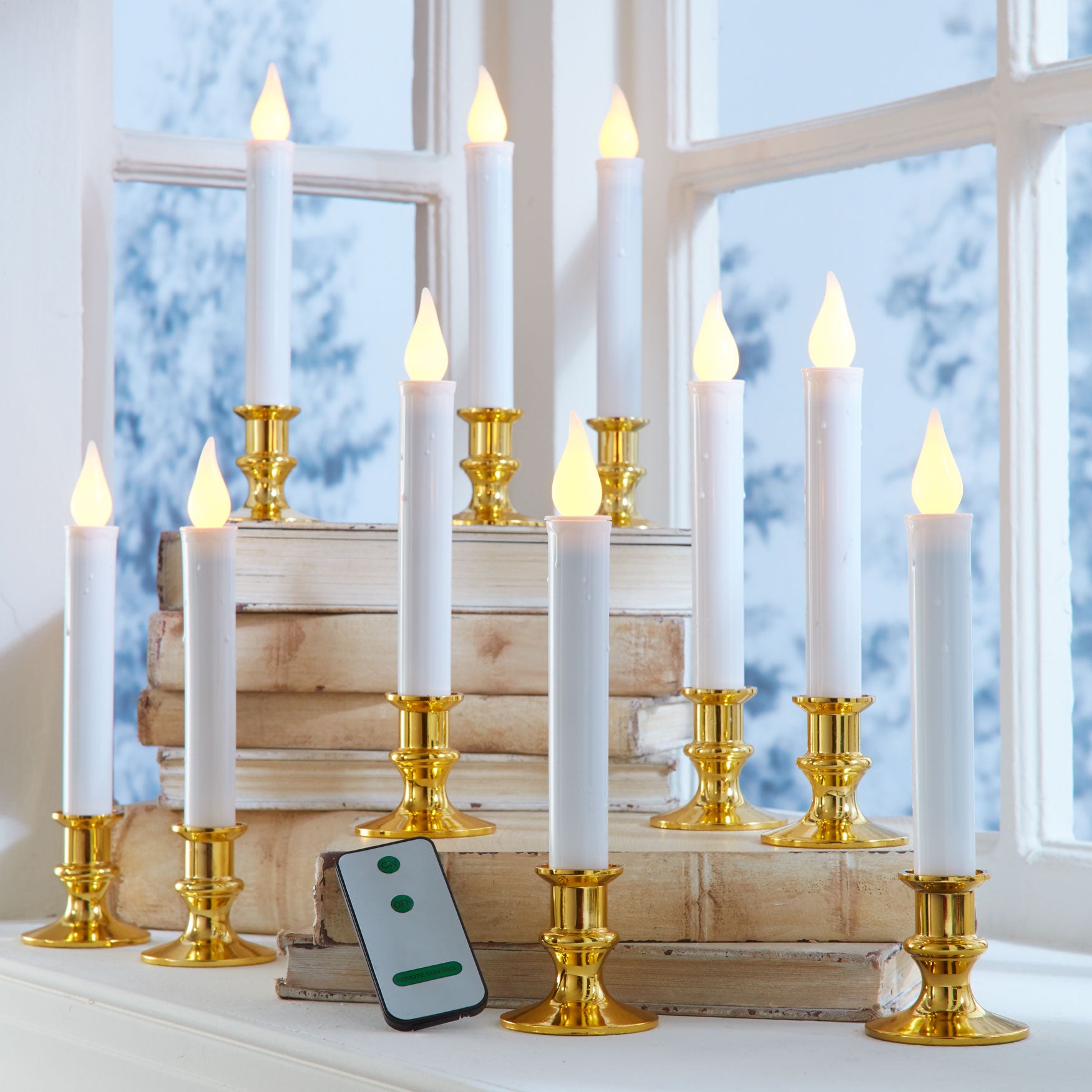 Seasonal Set of 10 Taper LED Candles with Remote, White Gold | Brylane Home