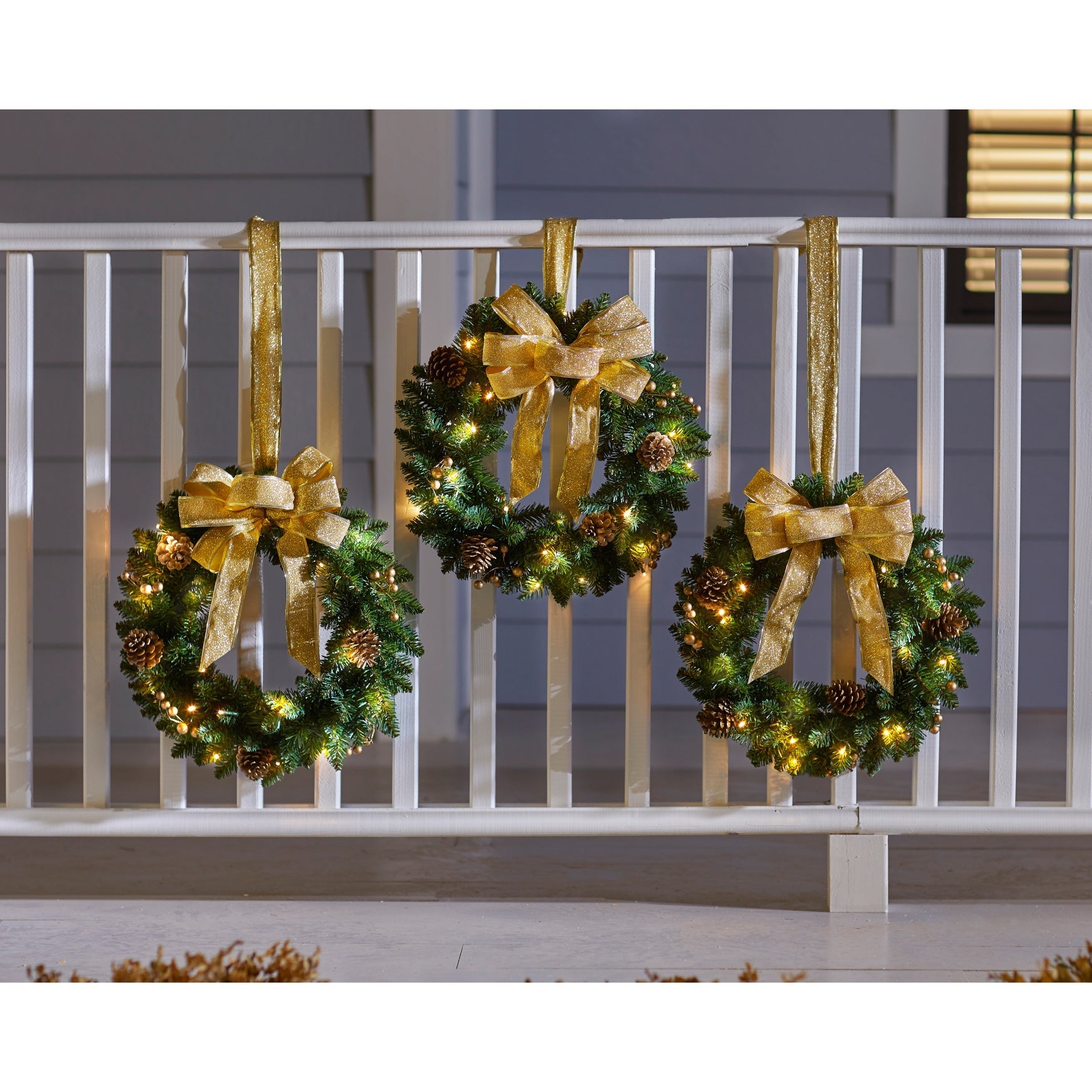 Seasonal Set Of 3 Cordless PreLit Mini Christmas Wreaths, Gold