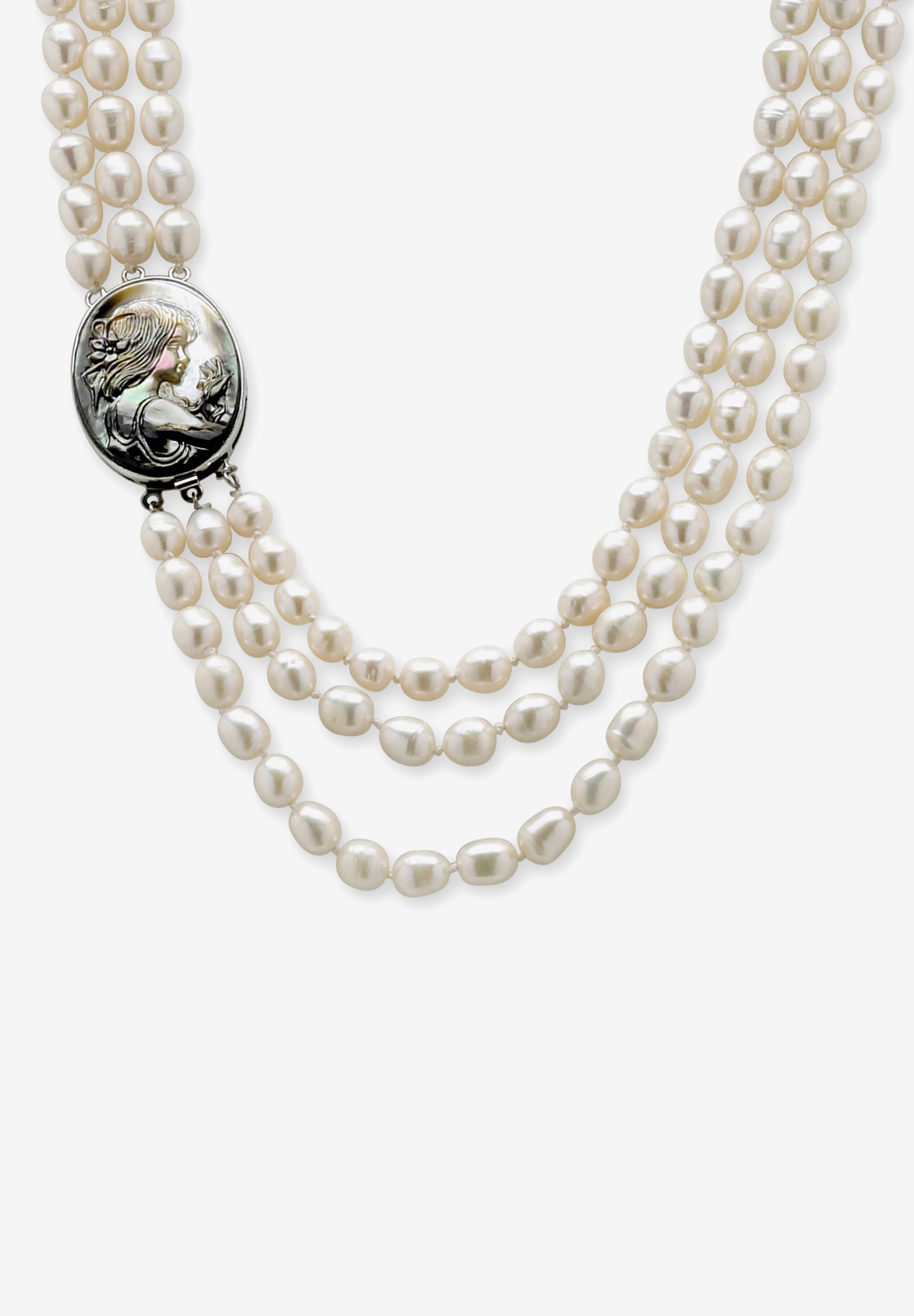 Silver Tone Multi Strand Cameo Necklace Cultured Freshwater Pearl 28&quot;, PEARL