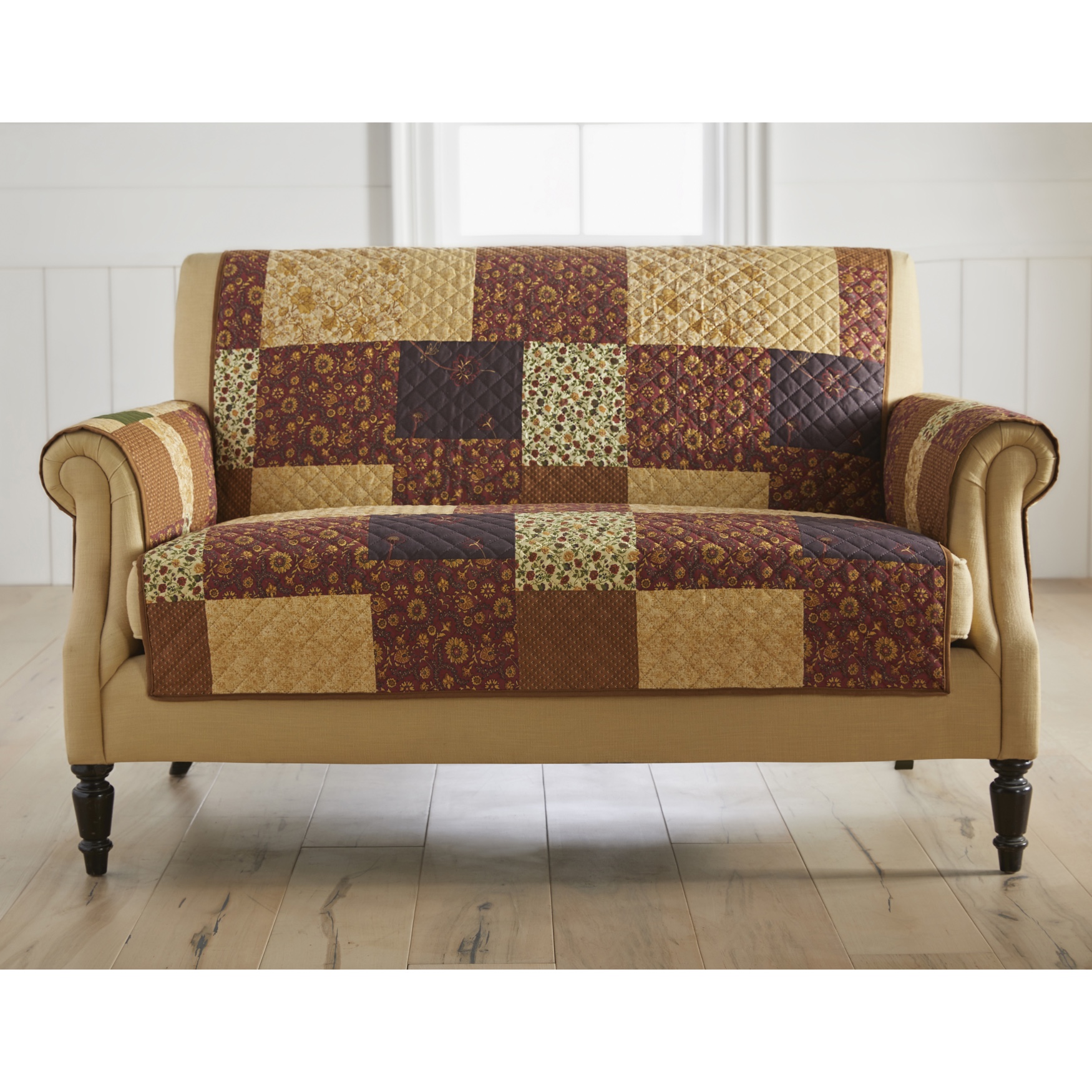Printed Faux Patchwork Loveseat Protector, BROWN GOLD