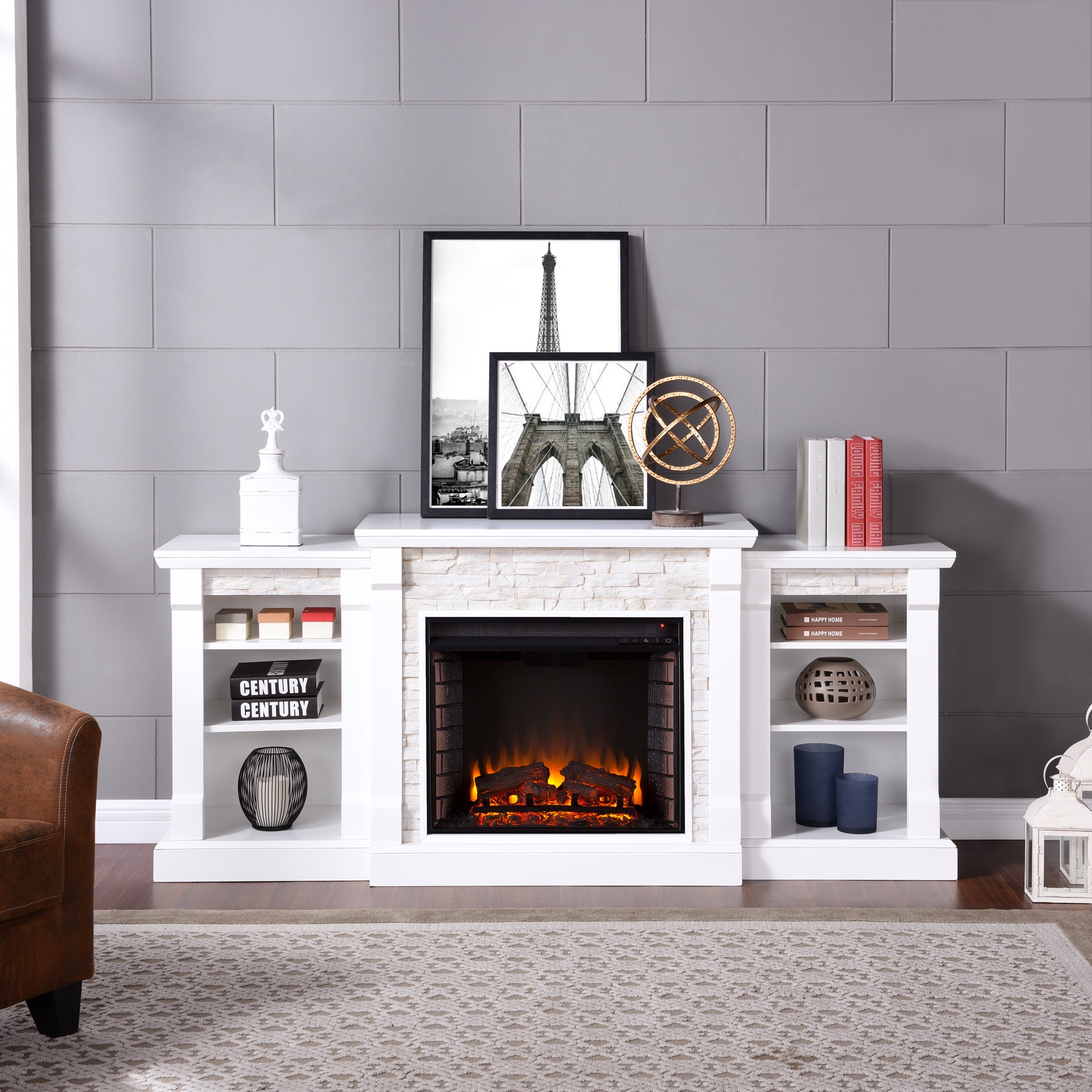 Gallatin Simulated Stone Electric Fireplace with Bookcases, WHITE