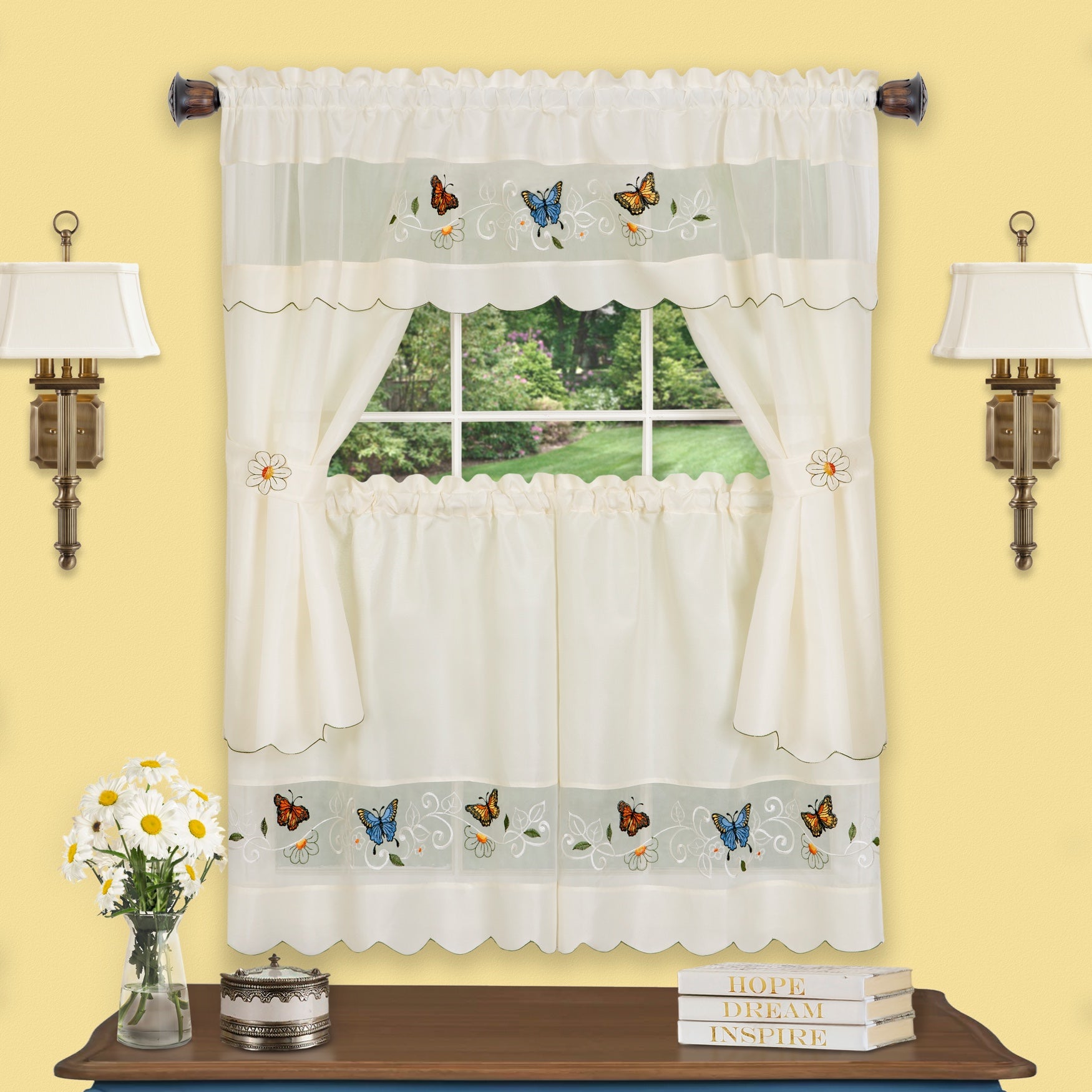Traditional Daisy Meadow Embellished Cottage Window Curtain Set, Multi