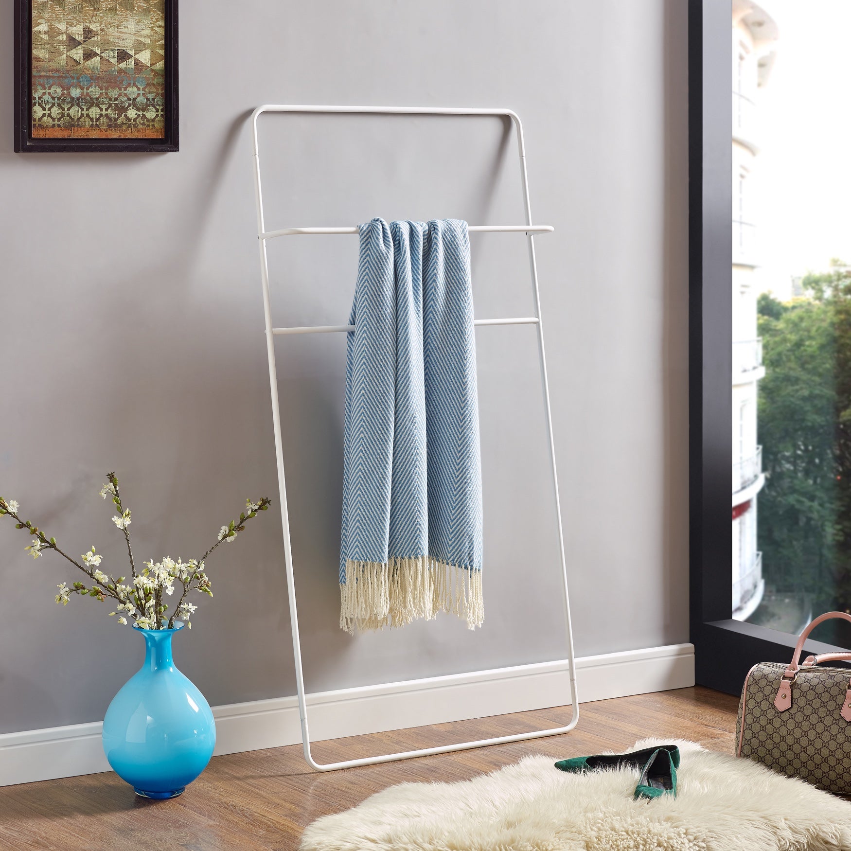 Marvin White Leaning Ladder Towel/Blanket Rack Brylane Home