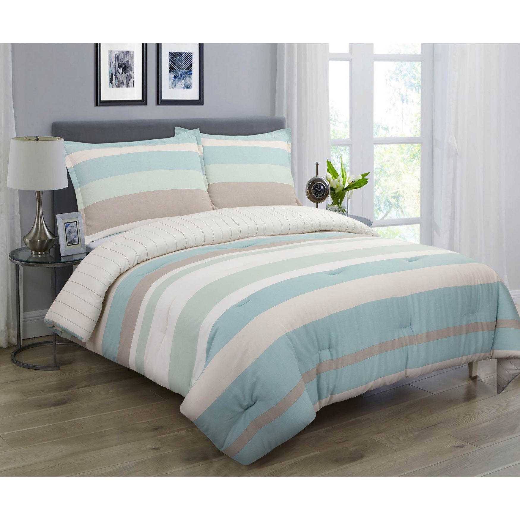 Simple Coastal Stripe Comforter Set, Blue Green Brown Brylane Home