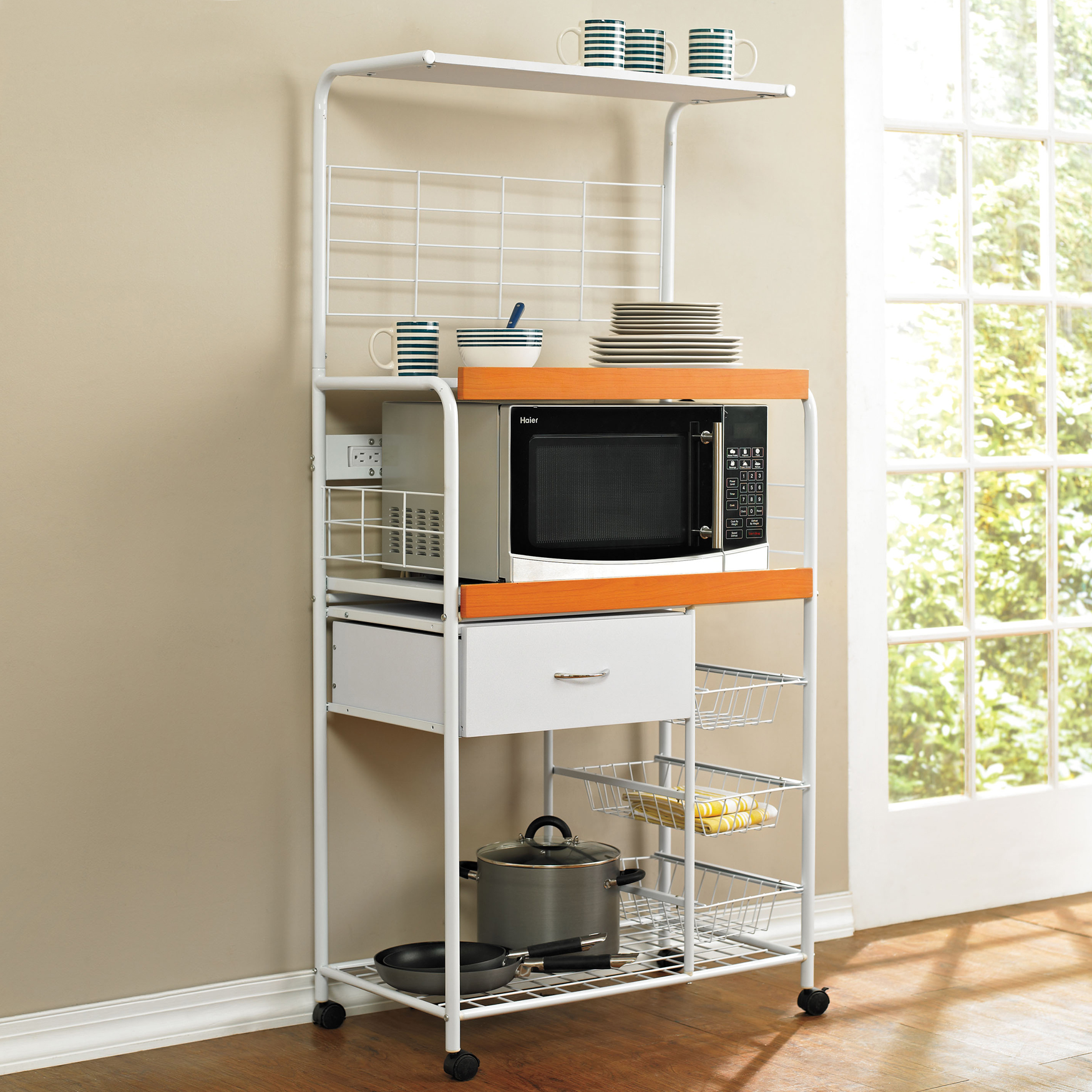 microwave cart with storage on wheels