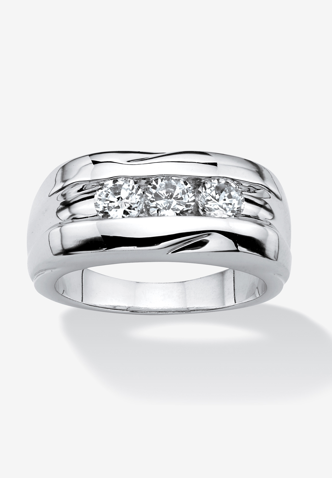 Men&apos;s Platinum Plated Cubic Zirconia 3 Stone Channel Set Wedding Band Ring, 