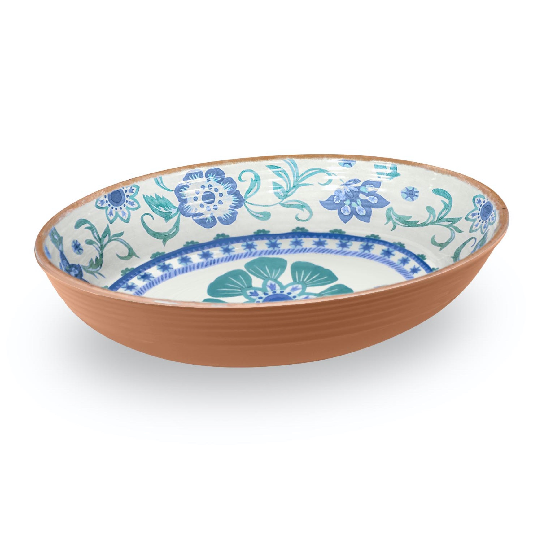 Rio Turquoise Floral Oval Serve Bowl, 13.1&quot; x 2.6&quot;,91.3 oz.,Melamine,Set of 1, TURQUOISE