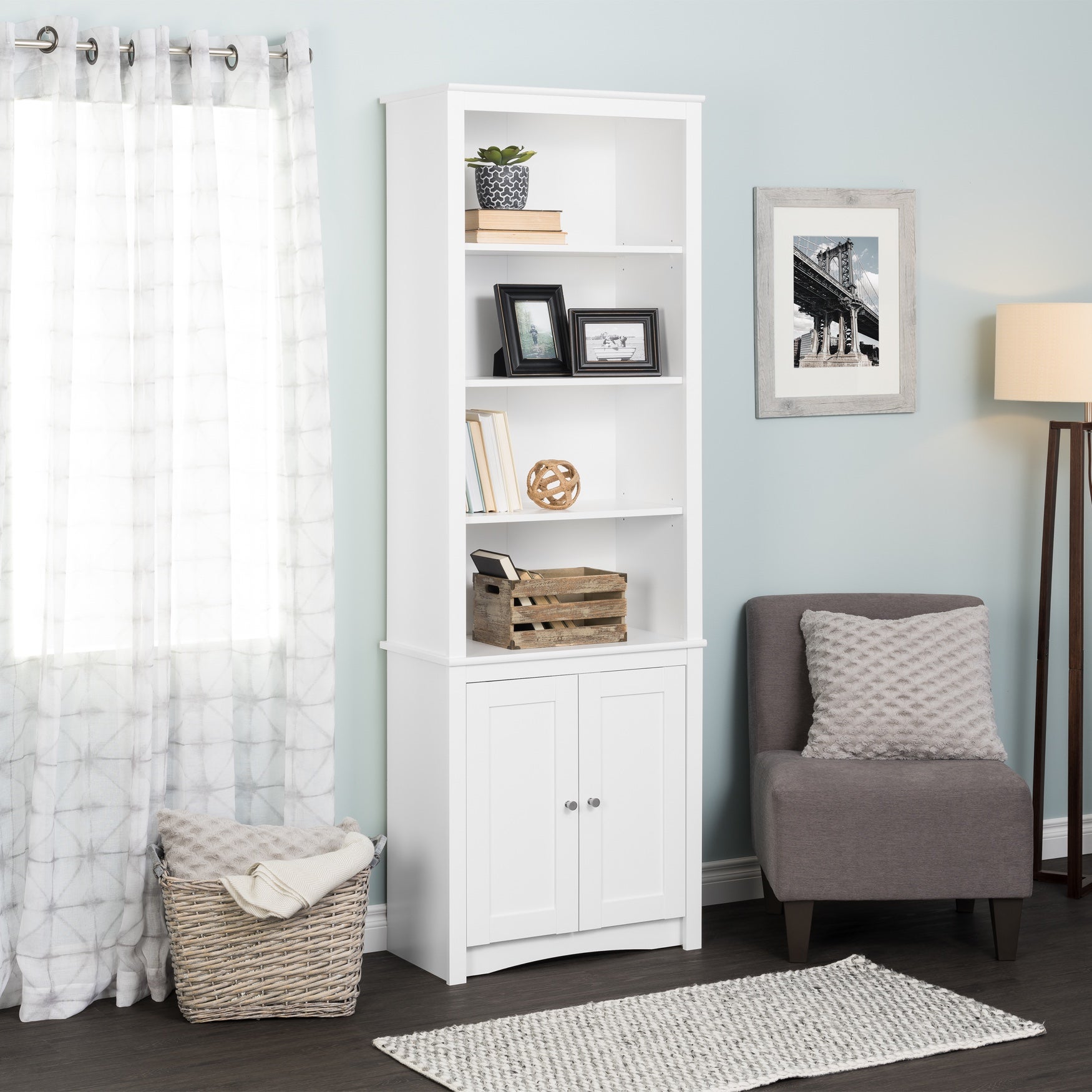 Tall Bookcase with 2 Shaker Doors, White Brylane Home